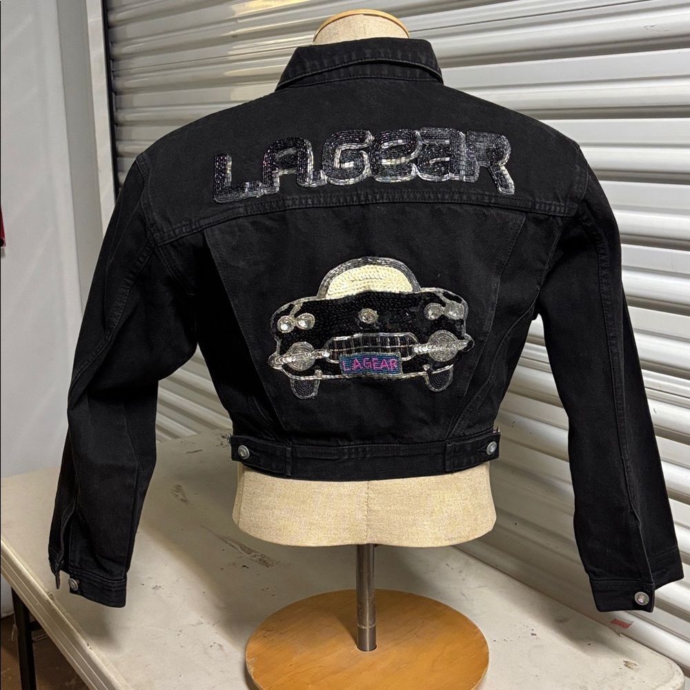 VINTAGE LA GEAR Black Denim Crop Jacket with Sequin Car Design